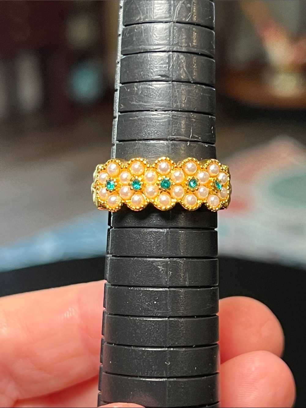 Georgian Style Faux Pearl Emerald Green Gem Flowers 18k Gold Plated Ring